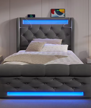 Modern Gestoffeerd Eenpersoonsbed 90x200 cm met LED, USB en Type-C-poorten