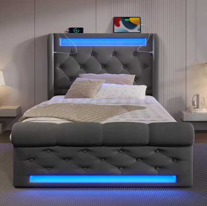 Modern Gestoffeerd Eenpersoonsbed 90x200 cm met LED, USB en Type-C-poorten