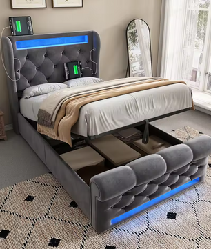 Modern Gestoffeerd Eenpersoonsbed 90x200 cm met LED, USB en Type-C-poorten