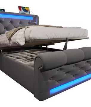 Modern Gestoffeerd Eenpersoonsbed 90x200 cm met LED, USB en Type-C-poorten