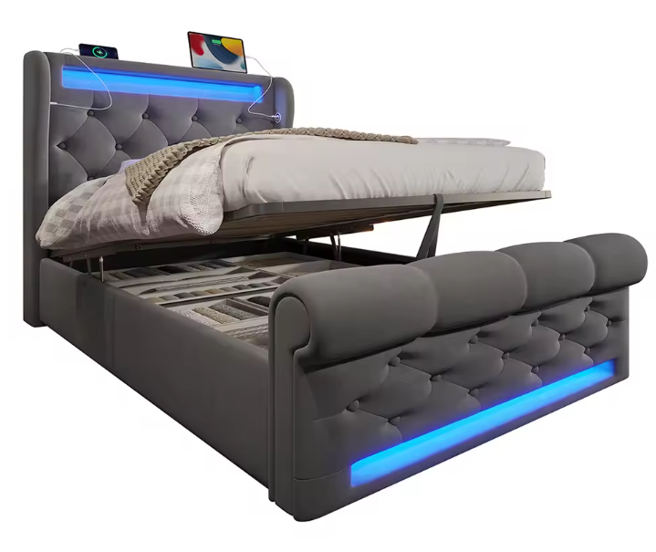 Modern Gestoffeerd Eenpersoonsbed 90x200 cm met LED, USB en Type-C-poorten
