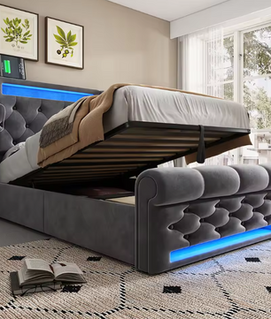 Modern Gestoffeerd Eenpersoonsbed 90x200 cm met LED, USB en Type-C-poorten