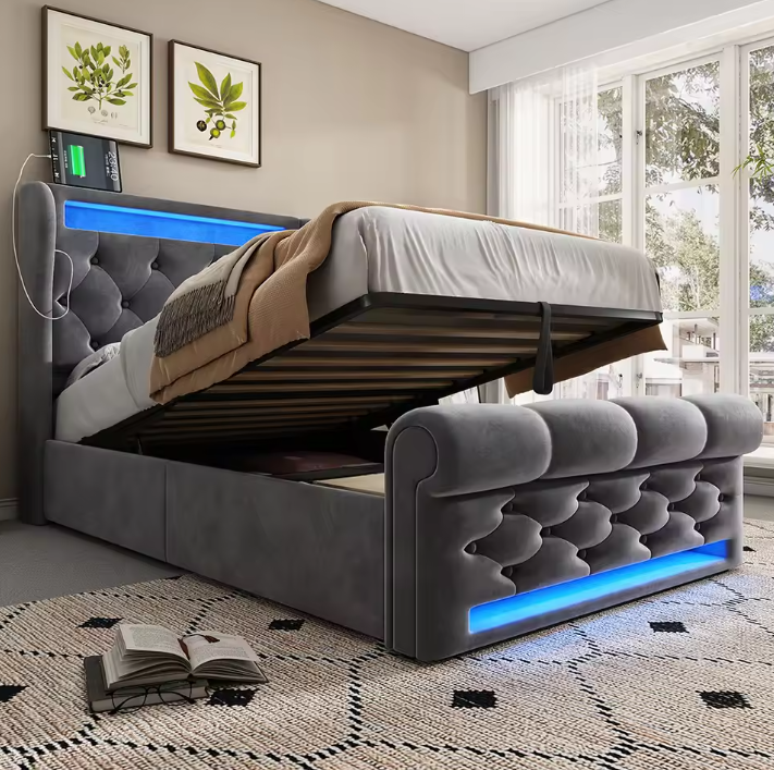Modern Gestoffeerd Eenpersoonsbed 90x200 cm met LED, USB en Type-C-poorten