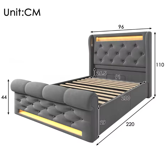 Modern Gestoffeerd Eenpersoonsbed 90x200 cm met LED, USB en Type-C-poorten
