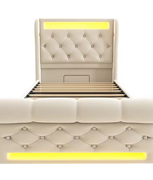Modern Gestoffeerd Eenpersoonsbed 90x200 cm met LED, USB en Type-C-poorten