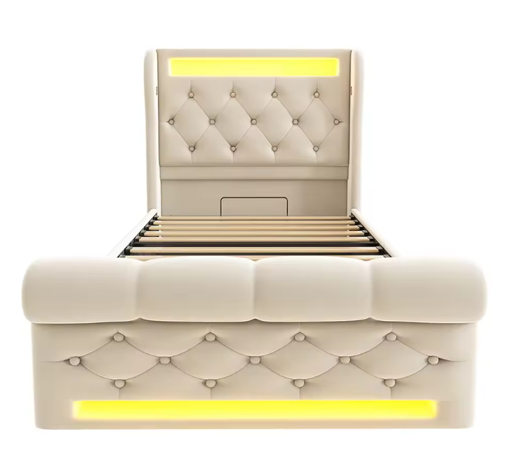 Modern Gestoffeerd Eenpersoonsbed 90x200 cm met LED, USB en Type-C-poorten