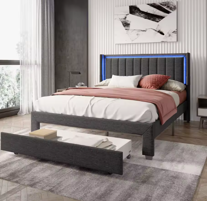 Gestoffeerd Tweepersoonsbed 160x200 cm met Lade, LED en USB Opladen