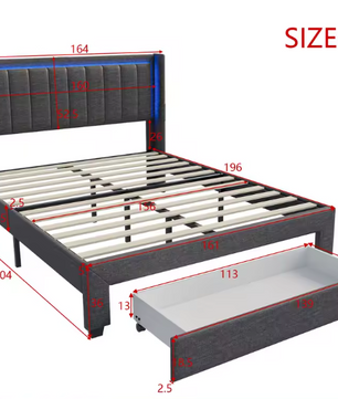 Gestoffeerd Tweepersoonsbed 160x200 cm met Lade, LED en USB Opladen