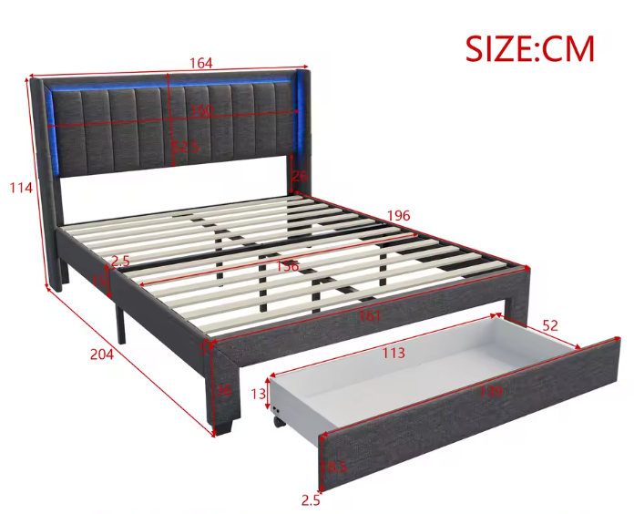 Gestoffeerd Tweepersoonsbed 160x200 cm met Lade, LED en USB Opladen