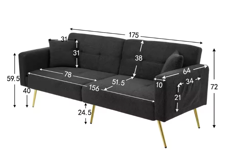Verstelbare Multifunctionele Sofa Bed met Gouden Poten – Met Opbergvakken en Kussens