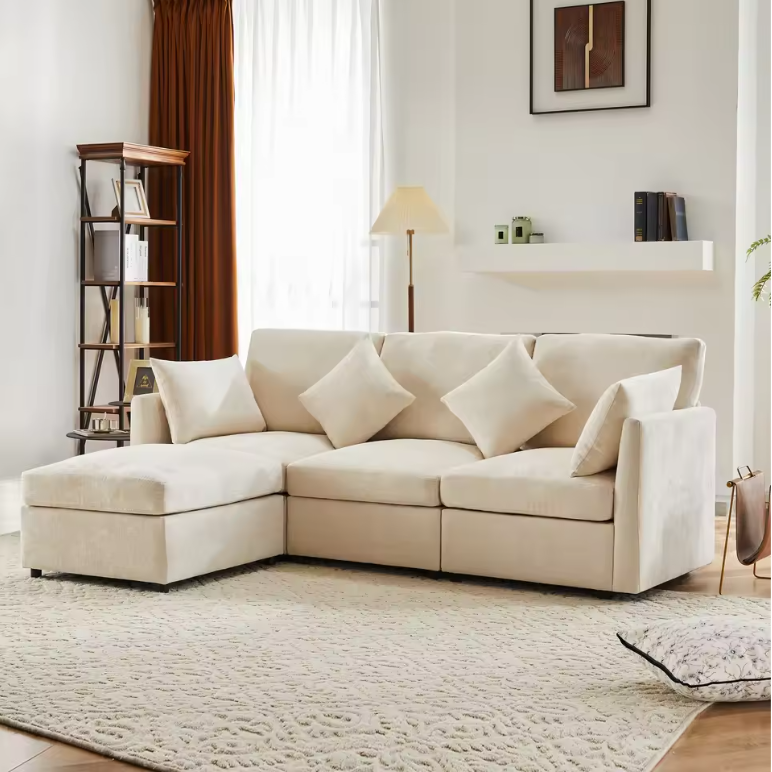 L-Sofa Bed Large met Zitplek voor 4 – Moderne Chenille Stoffen Relax Sofa met Stofkussen