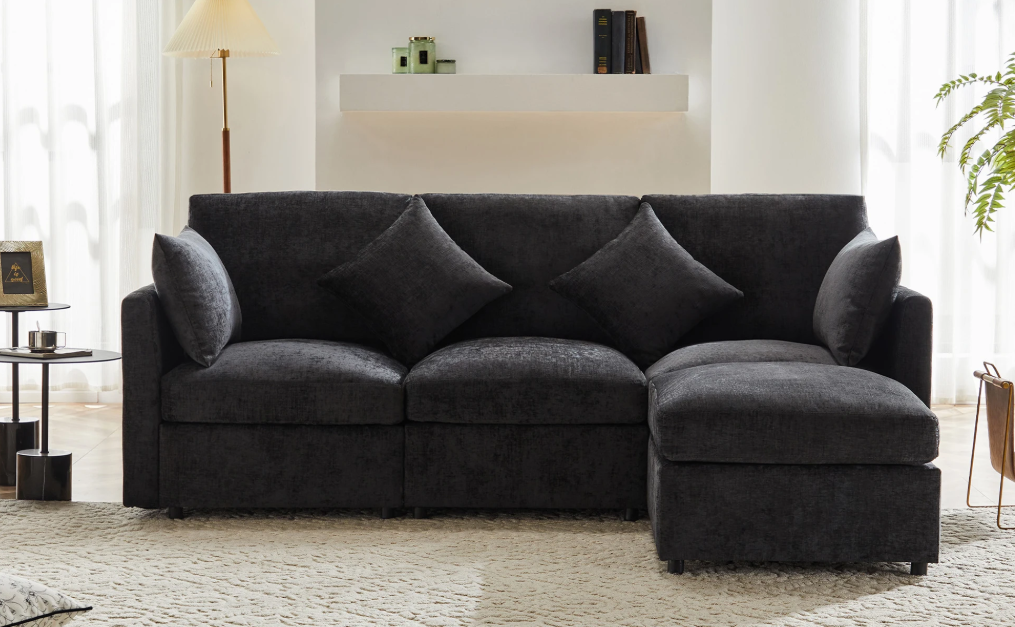 L-Sofa Bed Large met Zitplek voor 4 – Moderne Chenille Stoffen Relax Sofa met Stofkussen
