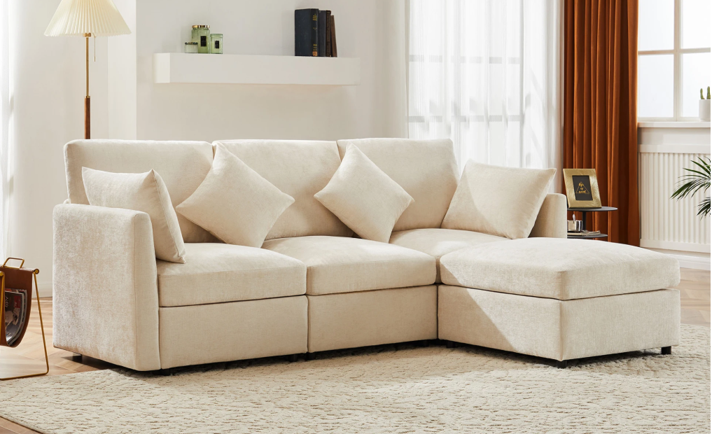 L-Sofa Bed Large met Zitplek voor 4 – Moderne Chenille Stoffen Relax Sofa met Stofkussen