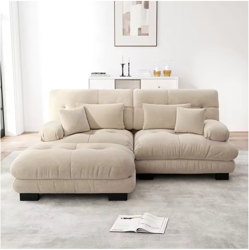 Cloud Corner Sofa – Chenille Double Sofa met Kussens en Ottoman