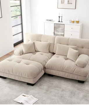 Cloud Corner Sofa – Chenille Double Sofa met Kussens en Ottoman