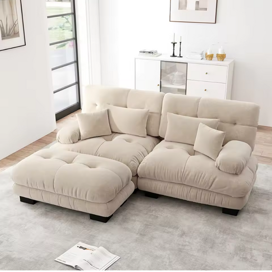 Cloud Corner Sofa – Chenille Double Sofa met Kussens en Ottoman