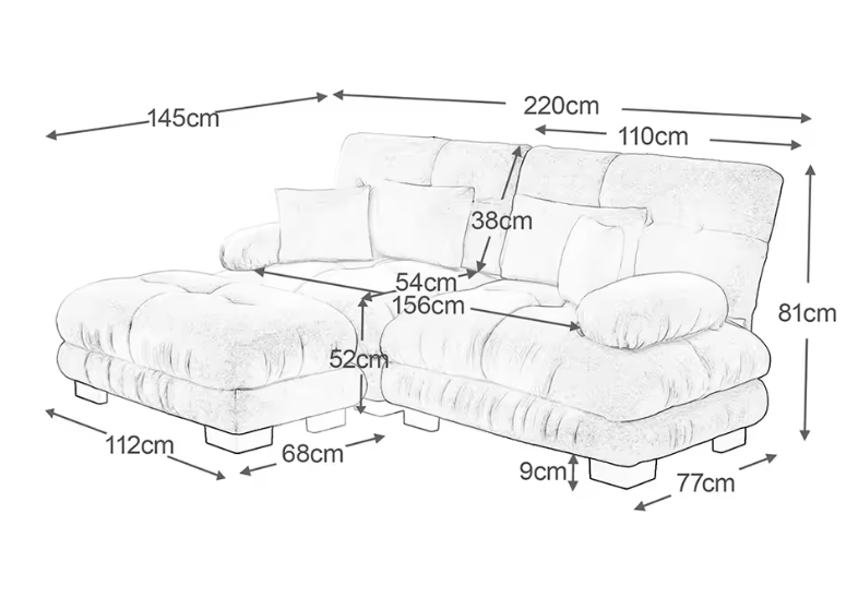 Cloud Corner Sofa – Chenille Double Sofa met Kussens en Ottoman