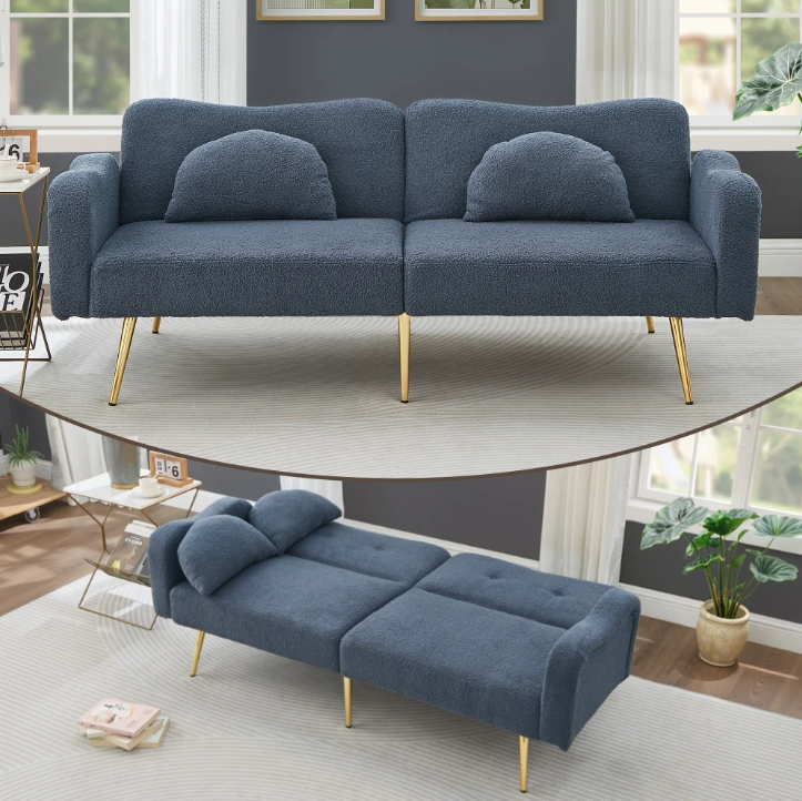Modern 2-in-1 Sofa Bed – Verstelbare Rugleuning met Gouden Poten en Bedfunctie