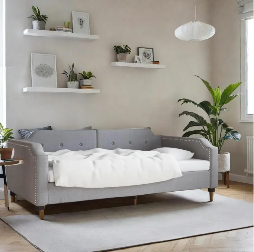 Cozy Light Grey Fabric Daybed 90x190 cm – Versatile Sofa Bed for Living Room en Bedroom