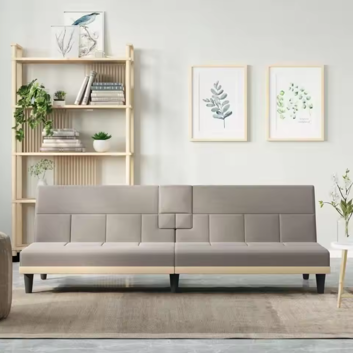 Taupe Stoffen Sofa Bed met Bekerhouders – Verstelbare Slaapbank voor Woonkamer en Logeerkamer