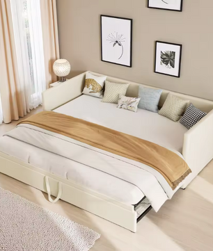 Uitschuifbaar Gestoffeerd Bed 90/180 × 200 cm – Multifunctioneel Slaapbankbed met Lattenbodem