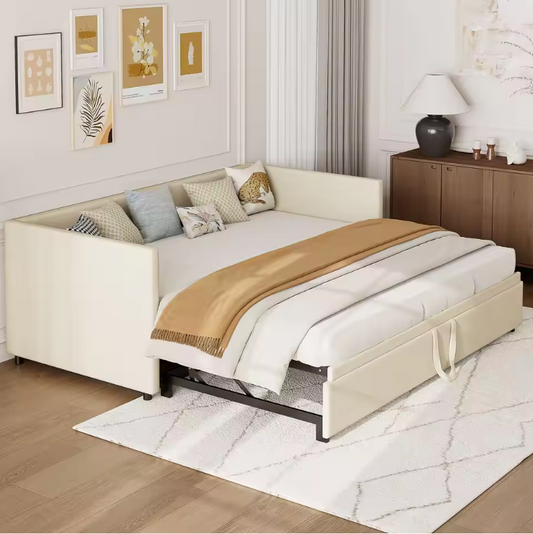 Uitschuifbaar Gestoffeerd Bed 90/180 × 200 cm – Multifunctioneel Slaapbankbed met Lattenbodem