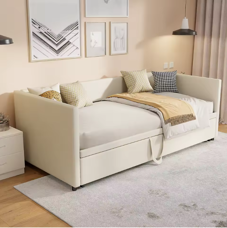 Uitschuifbaar Gestoffeerd Bed 90/180 × 200 cm – Multifunctioneel Slaapbankbed met Lattenbodem