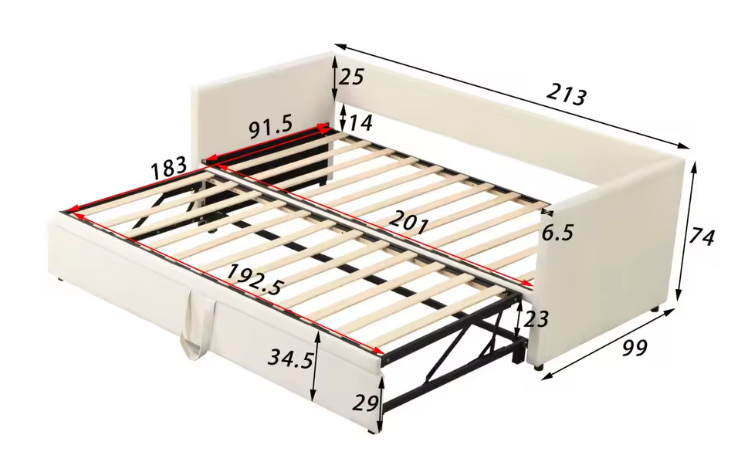 Uitschuifbaar Gestoffeerd Bed 90/180 × 200 cm – Multifunctioneel Slaapbankbed met Lattenbodem