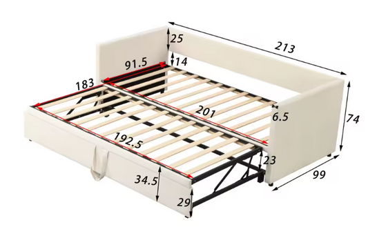 Uitschuifbaar Gestoffeerd Bed 90/180 × 200 cm – Multifunctioneel Slaapbankbed met Lattenbodem
