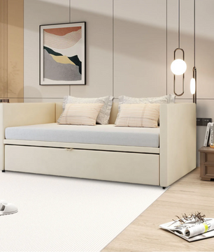 Uitschuifbaar Gestoffeerd Bed 90/180 × 200 cm – Multifunctioneel Slaapbankbed met Lattenbodem