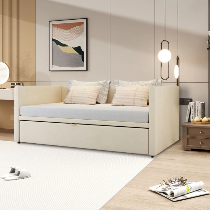 Uitschuifbaar Gestoffeerd Bed 90/180 × 200 cm – Multifunctioneel Slaapbankbed met Lattenbodem