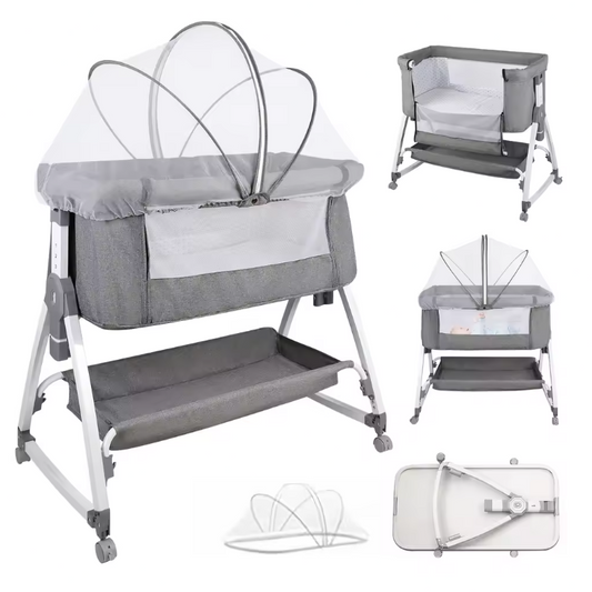 Multifunctioneel 4-in-1 Reisbedje – Wieg, Schommelbed, Verzorgingsstation en Babybed met Matras, Muskietennet en Opbergmand