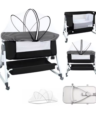 Multifunctioneel 4-in-1 Reisbedje – Wieg, Schommelbed, Verzorgingsstation en Babybed met Matras, Muskietennet en Opbergmand