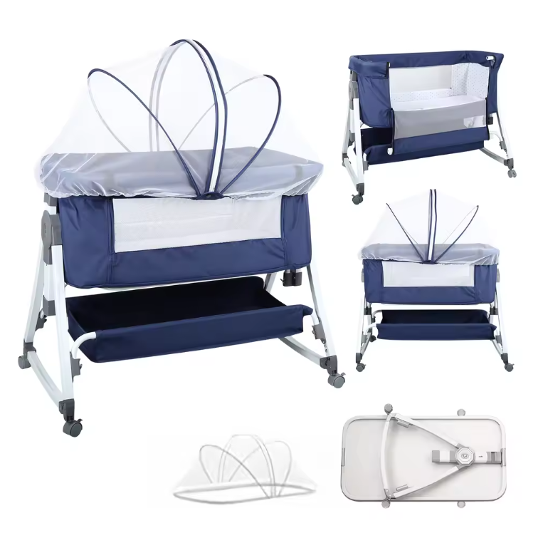 Multifunctioneel 4-in-1 Reisbedje – Wieg, Schommelbed, Verzorgingsstation en Babybed met Matras, Muskietennet en Opbergmand