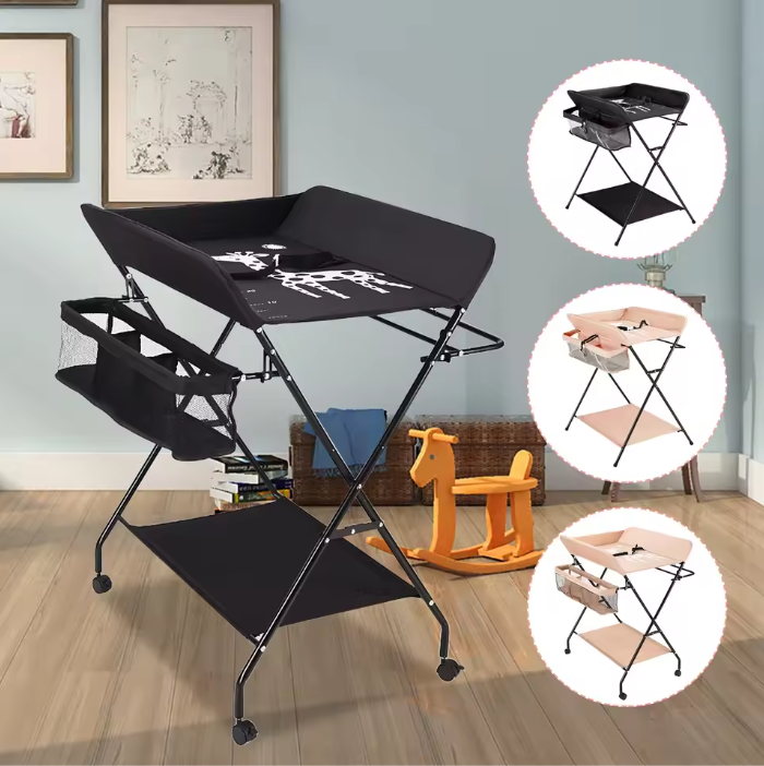 Opvouwbare Baby Aankleedtafel met Wielen – Verstelbaar, Veilig en Met Opbergruimte