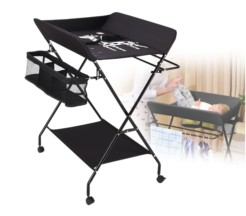 Opvouwbare Baby Aankleedtafel met Wielen – Verstelbaar, Veilig en Met Opbergruimte