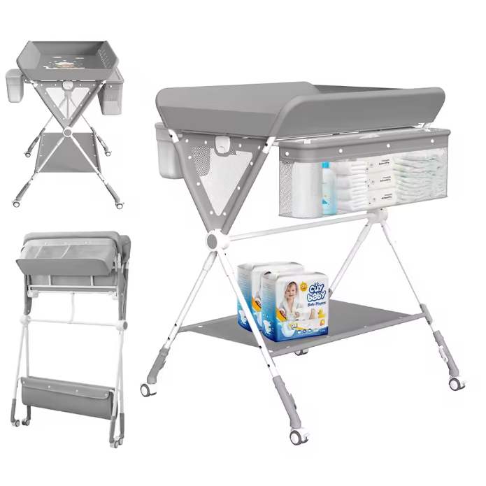 Verstelbare Baby Aankleedtafel met Wielen – Opvouwbaar en Met Opbergruimte