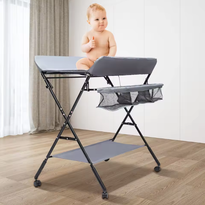 Verstelbare Baby Aankleedtafel met Wielen – Opvouwbaar, Veilig en Met Opbergruimte