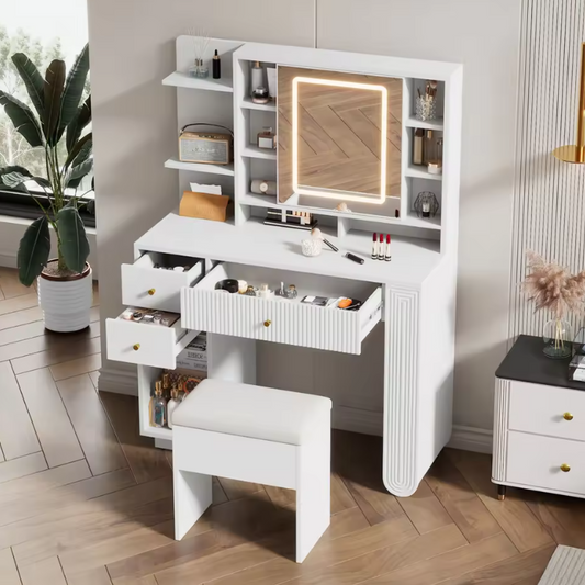 Moderne Kaptafel met LED Spiegel en Kruk – Met Lades en Open Opbergruimte