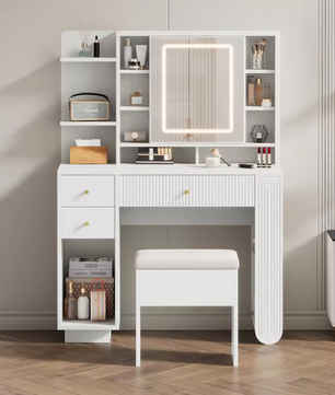 Moderne Kaptafel met LED Spiegel en Kruk – Met Lades en Open Opbergruimte