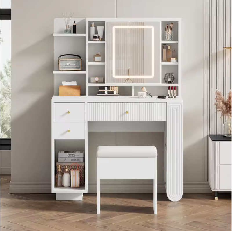 Moderne Kaptafel met LED Spiegel en Kruk – Met Lades en Open Opbergruimte