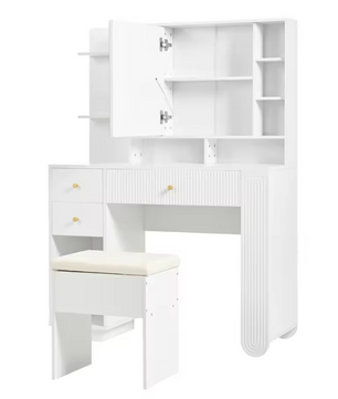 Moderne Kaptafel met LED Spiegel en Kruk – Met Lades en Open Opbergruimte