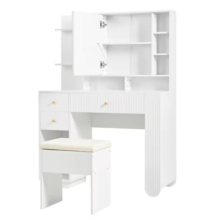 Moderne Kaptafel met LED Spiegel en Kruk – Met Lades en Open Opbergruimte