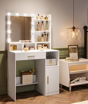Moderne Kaptafel met Spiegel en LED Verlichting – Met Lades en Open Vakken