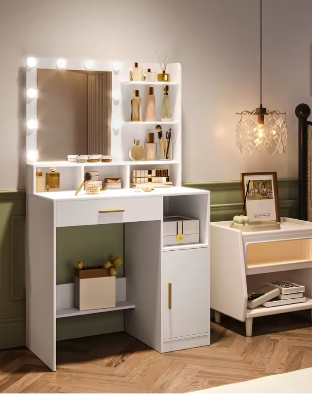 Moderne Kaptafel met Spiegel en LED Verlichting – Met Lades en Open Vakken