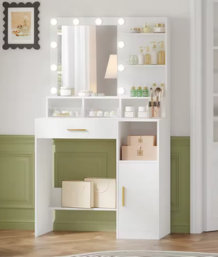 Moderne Kaptafel met Spiegel en LED Verlichting – Met Lades en Open Vakken