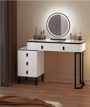 Moderne Kaptafel met LED Spiegel en Kruk – Flexibele Opstelling en Ruime Opbergruimte