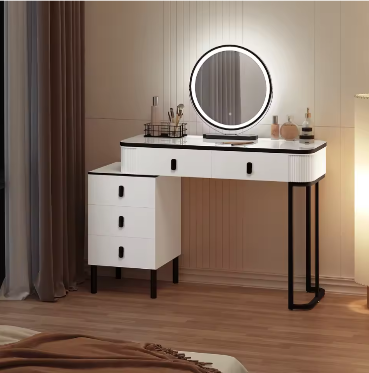Moderne Kaptafel met LED Spiegel en Kruk – Flexibele Opstelling en Ruime Opbergruimte
