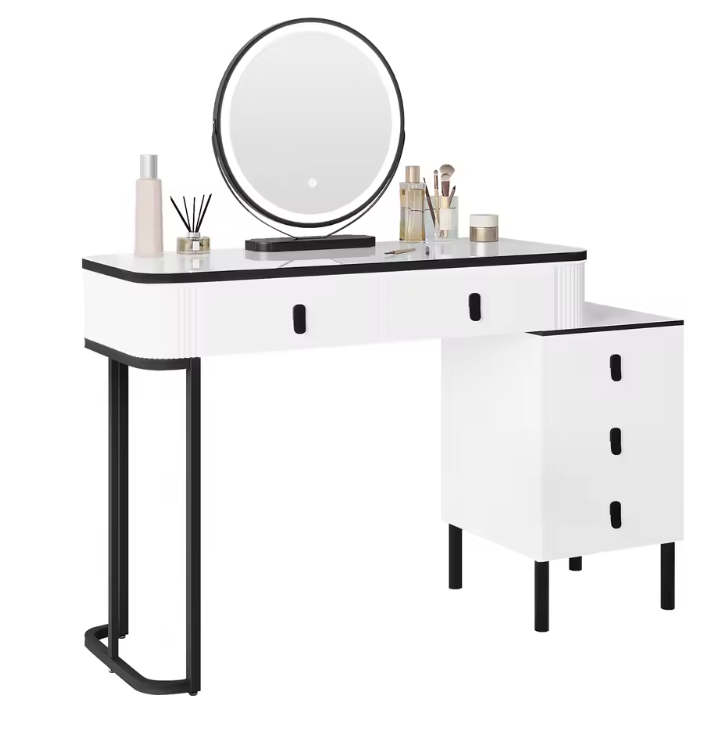 Moderne Kaptafel met LED Spiegel en Kruk – Flexibele Opstelling en Ruime Opbergruimte