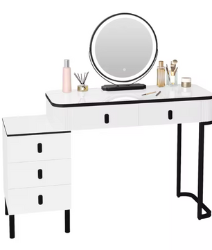 Moderne Kaptafel met LED Spiegel en Kruk – Flexibele Opstelling en Ruime Opbergruimte